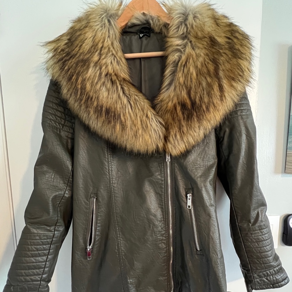 Love Token Olive Leather Jacket with Faux Fur Collar